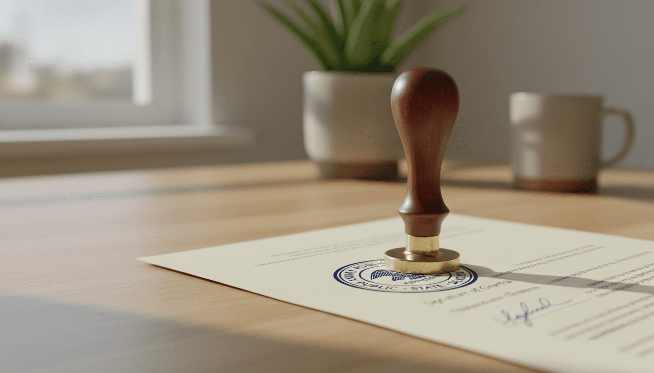 Notary stamp pressing into a document