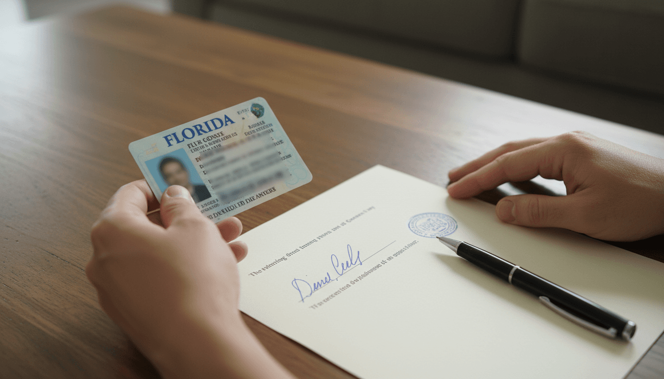 Driver's license next to a signed document