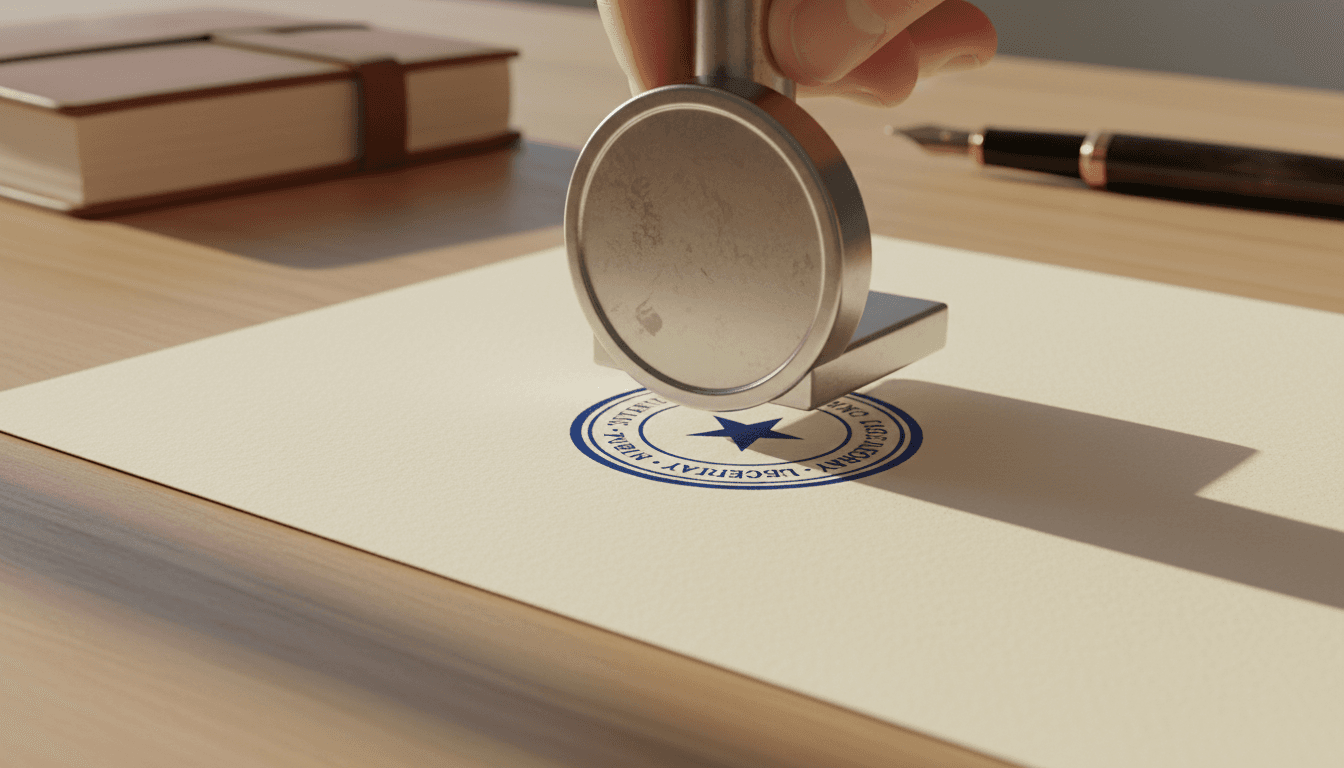 Notary stamp imprinting a document with blue ink