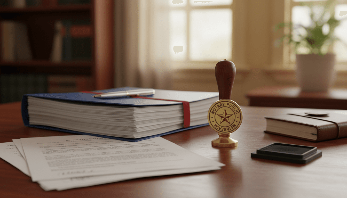 Notary stamp and documents on a desk