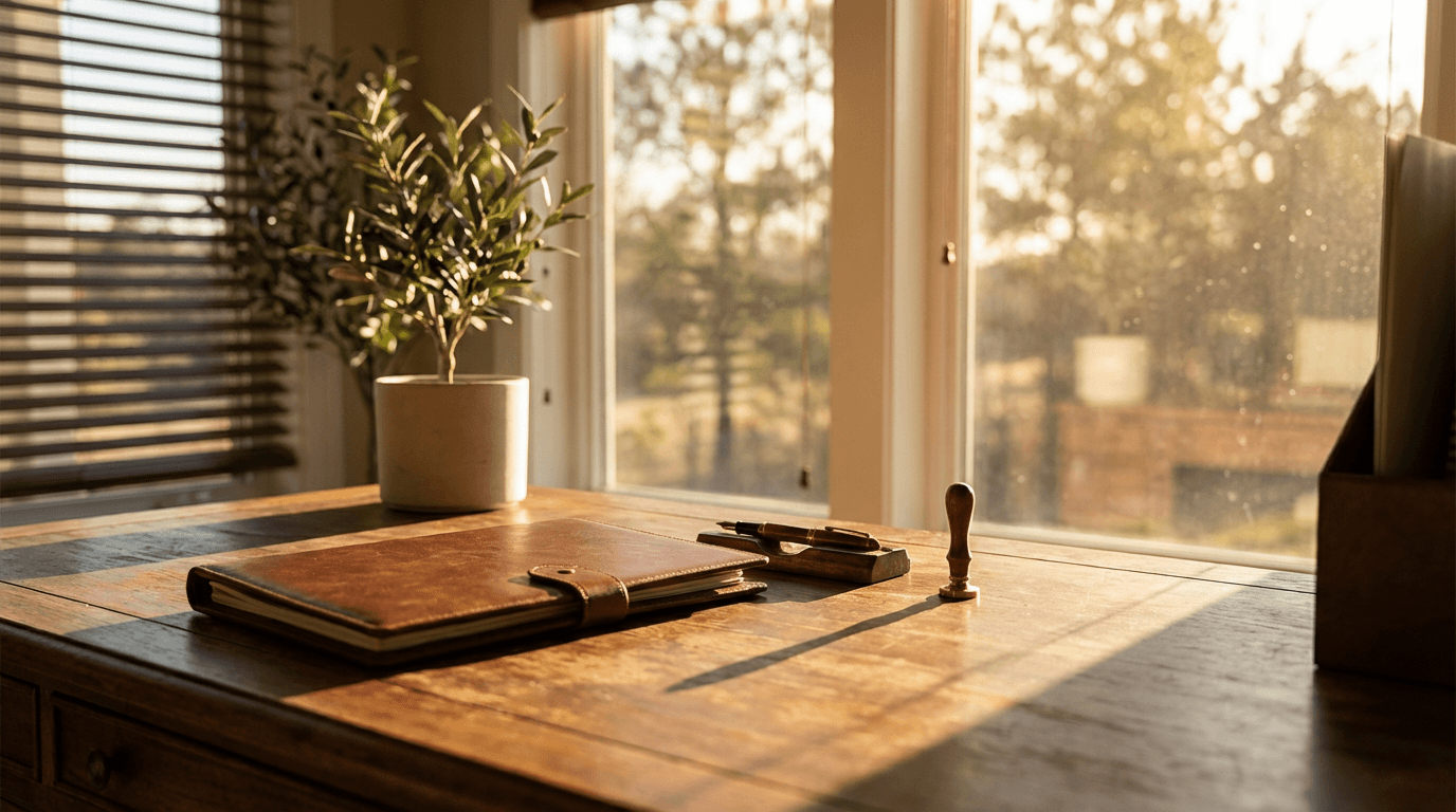 Notary stamping a document on a wooden desk