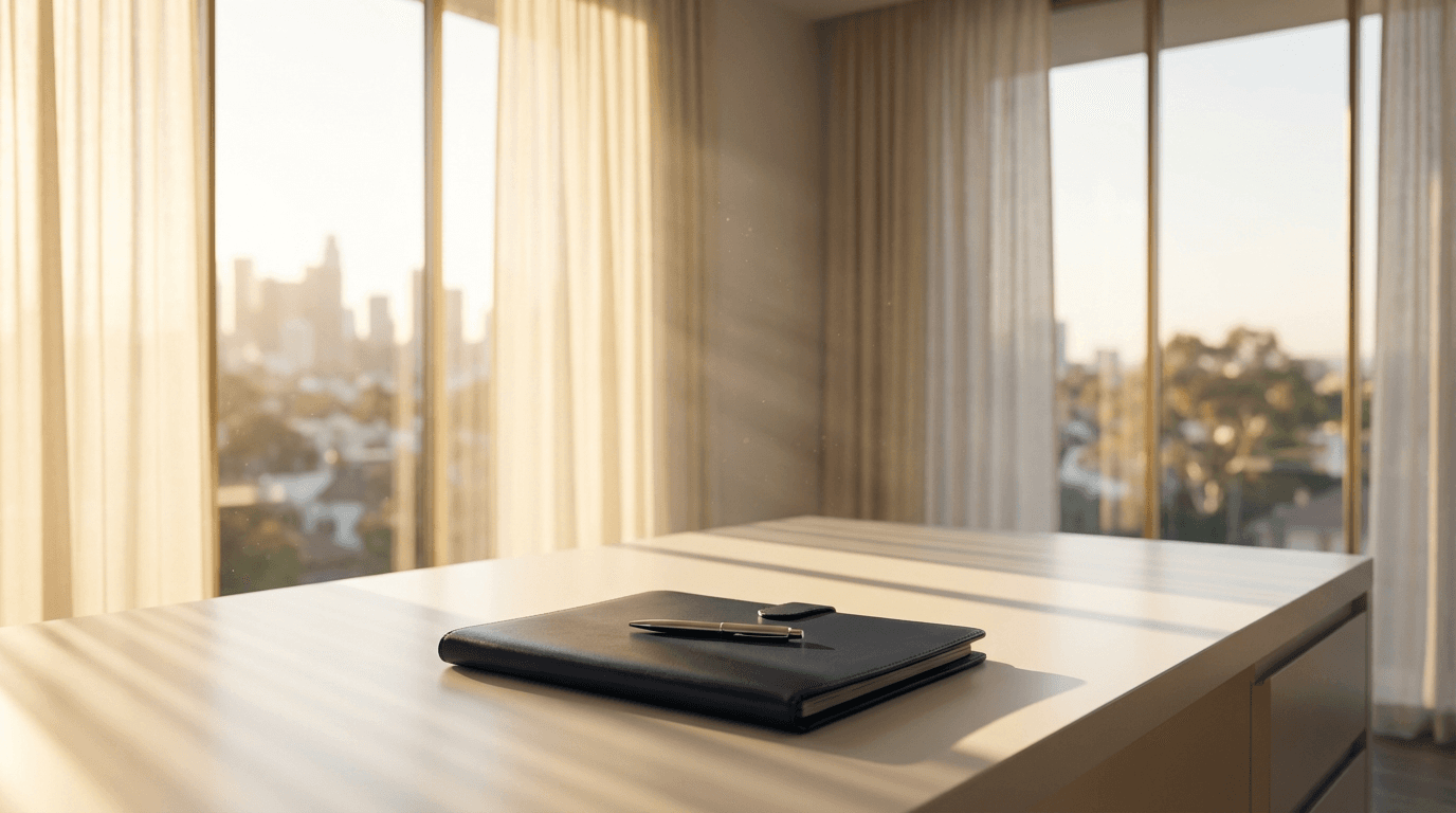 Notary briefcase with stamp and documents on a kitchen table
