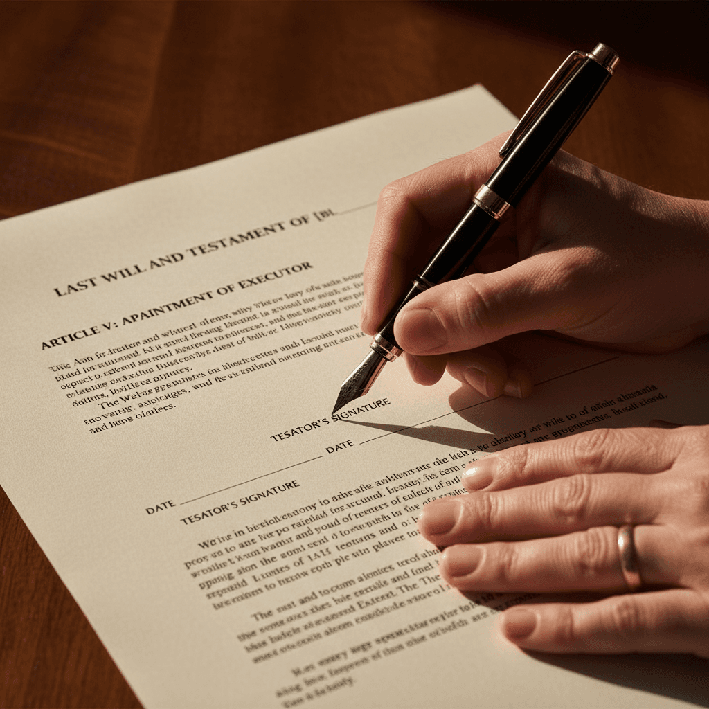 Hand signing a document with a notary stamp nearby