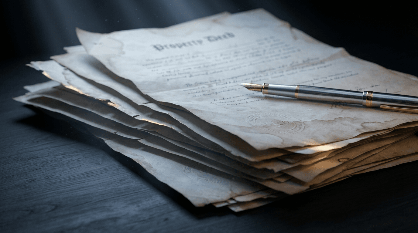 Fanned property deed documents with fountain pen on dark desk with dramatic rim lighting.