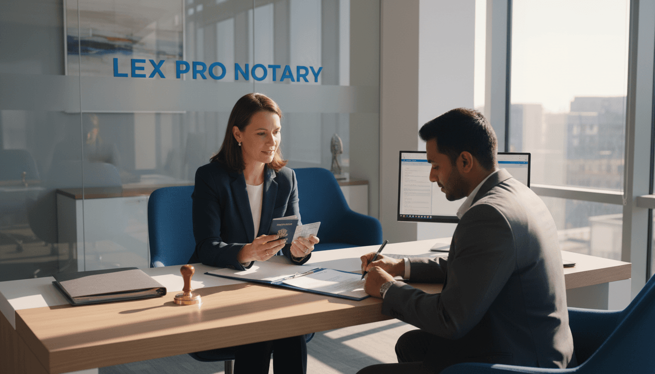 Notary and client reviewing documents at a home office table