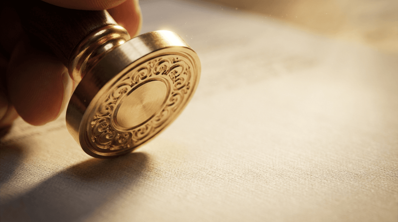 Notary stamp pressing on a document on a wooden desk
