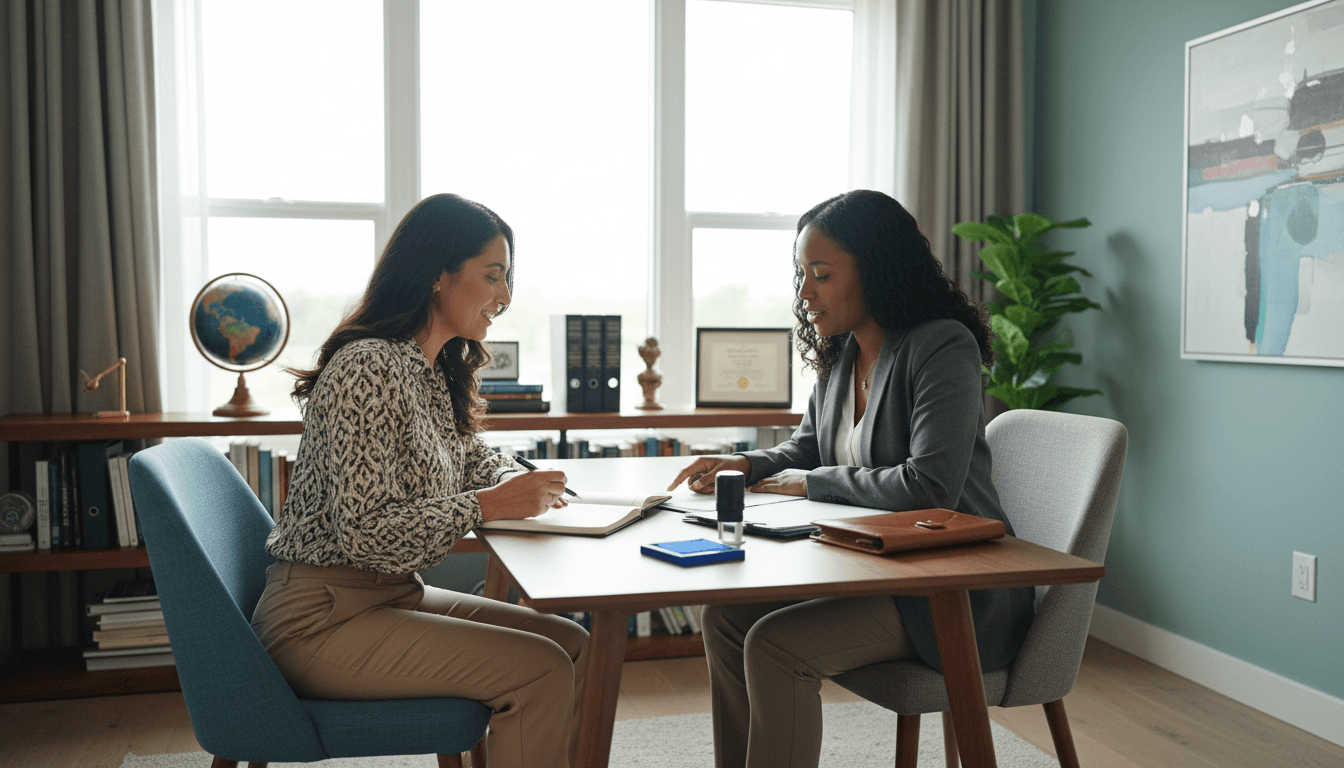 Notary public consulting with client at home office desk while reviewing official documents together